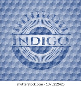 Indigo blue badge with geometric background.