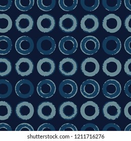 Indigo Blue Batik Dye Seamless Vector Pattern. Hand Drawn Grunge CirclesTextile Illustration for Fashion Prints, Stationery, Hippie Packaging, Trendy Wallpaper Backdrops. Japan Textile Home Decor.