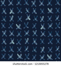 Indigo Blue Batik Dye Seamless Vector Pattern. Hand Drawn Grunge Crosses Textile Illustration for Boho Fashion Prints, Stationery, Hippie Packaging, Trendy Organic Cloth Backdrop. Japan Home Decor.