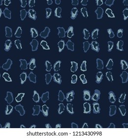 Indigo Blue Batik Dye Seamless Vector Pattern. Hand Drawn Grunge Dots Textile Illustration for Boho Fashion Prints, Stationery, Hippie Packaging, Trendy Organic Cloth Backdrop. Japanese Home Decor.