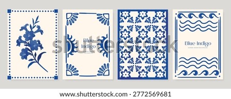 Indigo blue botanical Card Invitation, floral invite thank you, rsvp modern card Design in leaf and flower water color texture decorative Vector elegant rustic template