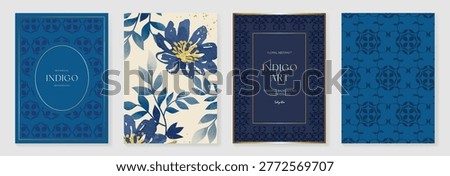 Indigo blue botanical Card Invitation, floral invite thank you, rsvp modern card Design in leaf and flower water color texture decorative Vector elegant rustic template
