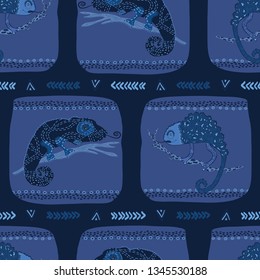 Indigo blue chameleon lizard seamless pattern. Repeatable Reptile tile vector illustration. Pet store, zoo camouflage design wallpaper. Hand drawn exotic allover print. Animal silhouette background