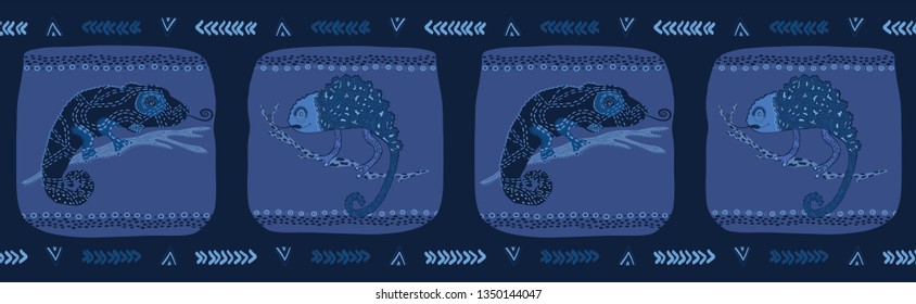 Indigo blue chameleon lizard seamless border pattern. Repeatable textured reptile vector illustration. Pet store, zoo camouflage design washi tape. Hand drawn exotic  animal silhouette ribbon trim.