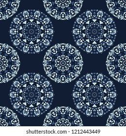 Indigo Blue Circle Mandala Seamless Vector Pattern. Hand Drawn Boho Style Illustration for Trendy Fashion Print, Stationery, Craft Packaging, Hipster Wallpaper Backdrop. Ornate Kitchen Tile Home Decor