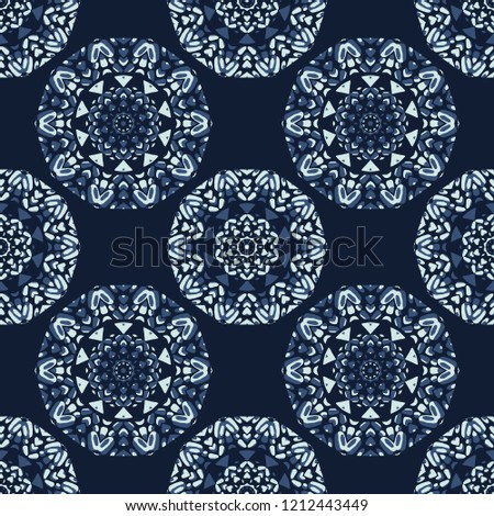 Indigo Blue Circle Mandala Seamless Vector Pattern. Hand Drawn Boho Style Illustration for Trendy Fashion Print, Stationery, Craft Packaging, Hipster Wallpaper Backdrop. Ornate Kitchen Tile Home Decor