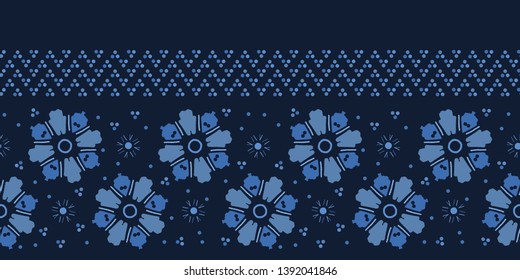 Indigo blue daisy floral shapes. Vector pattern seamless background. Hand drawn geometric stylized flower illustration. Trendy home decor, asian fashion print, japanese stylized navy denim wallpaper