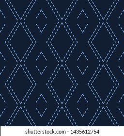 Indigo blue diamond sashiko style japanese embroidery pattern. Hand drawn running stitch. Textile all over print. Classic simple Japan decor. Asian kimono quilting template. Seamless vector backdrop 