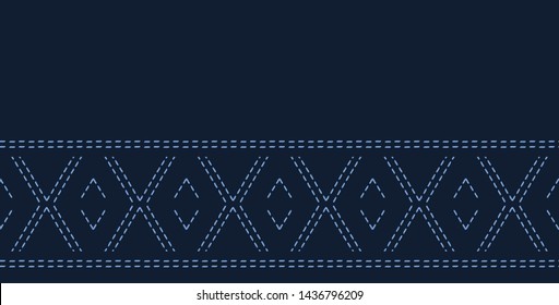 Indigo Blue Diamond Sashiko Style Japanese Embroidery Border Pattern. Hand Drawn Running Stitch. Textile Ribbon Trim. Seamless Vector 