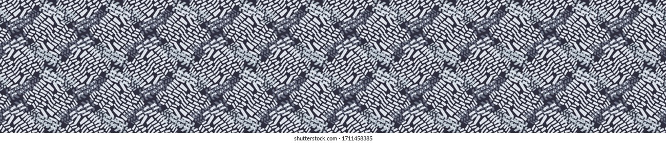 
Indigo blue doodle camo border seamless pattern. Sketchy geometric line vector background. Modern dark navy ribbon trim graphic design. Hand drawn quirky edge tape. Masculine striped decor bordure
