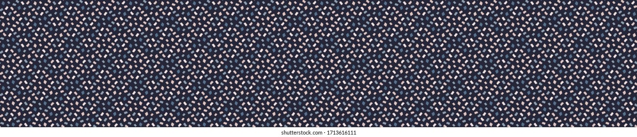 
Indigo blue doodle confetti seamless border pattern. Sketchy dotty sprinkles vector background. Modern dark navy ribbon trim edge. Hand drawn quirky  bordure. Masculine winter decor textile  banner