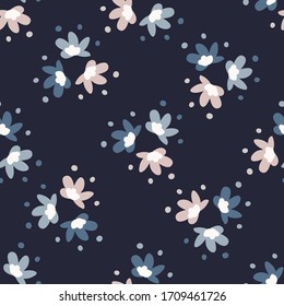 Indigo blue doodle flower seamless pattern. Sketchy floral daisy vector background. Modern dark navy wallpaper graphic design. Hand drawn quirky all over print. Masculine bloom decor textile 