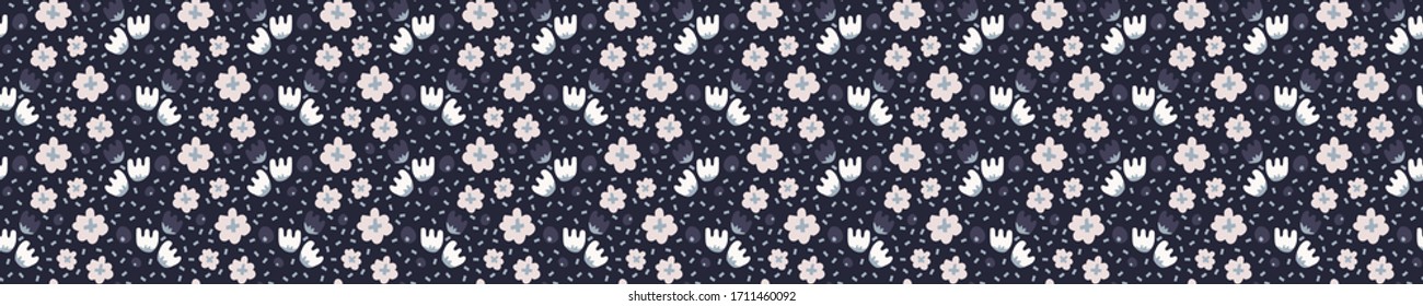 
Indigo blue doodle flower seamless border pattern. Sketchy floral daisy vector background. Modern dark navy ribbon trim graphic design. Hand drawn quirky edging banner. Masculine bloom decor textile 