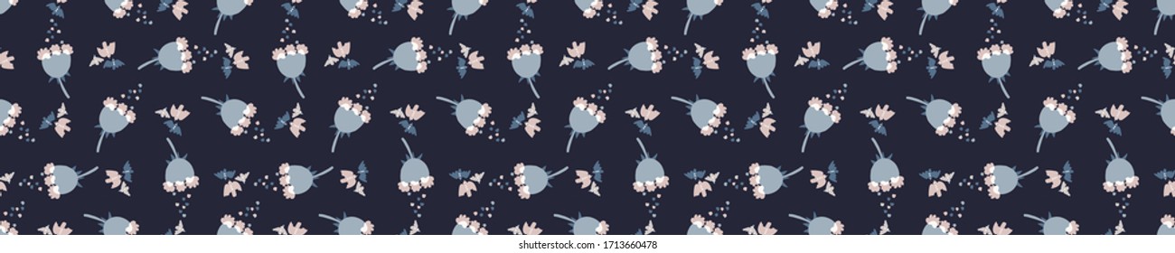 Indigo blue doodle flower seamless border pattern. Sketchy floral daisy vector background. Modern dark navy ribbon trim graphic design. Hand drawn quirky edging banner. Masculine bloom decor textile 