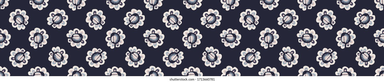 Indigo blue doodle flower seamless border pattern. Sketchy floral daisy vector background. Modern dark navy ribbon trim graphic design. Hand drawn quirky edging banner. Masculine bloom decor textile 