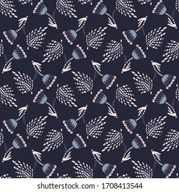 Indigo blue doodle leaf seamless pattern. Sketchy floral foliage vector background. Modern dark navy wallpaper graphic design. Hand drawn quirky all over print. Masculine home decor textile swatch
