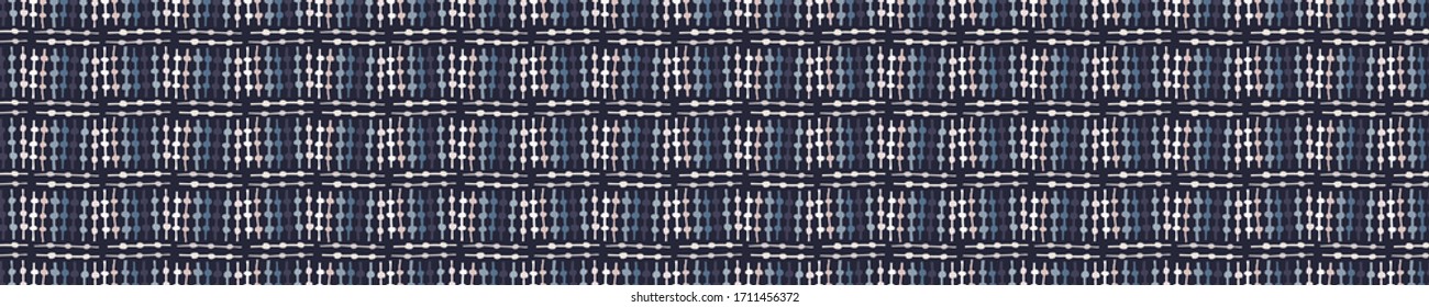 Borde de mosaico de doodle azul índigo sin fisuras. Fondo del vector de cuadrícula geométrica. Diseño gráfico de corte de cinta negra moderno. Cinta de borde extravagante dibujada a mano. Pancarta de decoración masculina