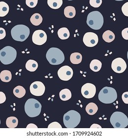 Indigo blue doodle polka dot seamless pattern. Sketchy geometric circle vector background. Modern dark navy wallpaper graphic design. Hand drawn quirky all over print. Masculine dotty decor textile 
