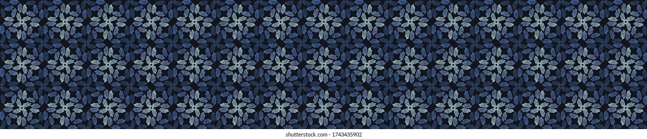 
Indigo blue doodle woven criss cross  seamless border pattern. Sketchy vector texture background. Modern dark navy banner weave. Hand drawn quirky ribbon edge. Masculine home deco textile ribbon trim