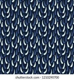 Indigo Blue Drops Pattern Japanese Style Seamless Vector. Hand Drawn Falling Raindrops llustration for Asian Style Fashion Prints, Stationery, Minimal Wallpaper Backdrops, or Japan Textile Home Decor.