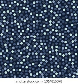 Indigo blue dye all over polka dot pattern. Seamless repeating. Hand drawn vector illustration. Abstract circles motif. Japanese style kimono textile backdrop. Trendy denim fashion, asian home decor.