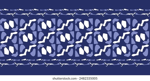 Indigo blue to dye effect abstract vector seamless border pattern . Modern masculine bold graphic bandana banner design for block print hand craft edging trim. 