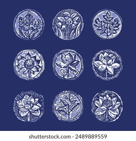 Indigo blue to dye effect abstract vector motif set. Modern masculine bold graphic bandana design for block print hand craft trend. 