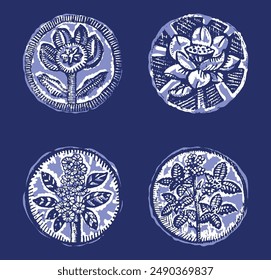 Indigo blue to dye effect abstract vector motif set. Modern masculine bold graphic bandana design for block print hand craft trend. 