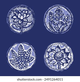 Indigo blue to dye effect abstract vector motif set. Modern masculine bold graphic bandana design for block print hand craft trend. 