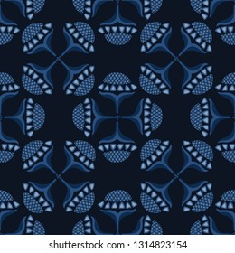 Indigo blue dye floral bloom pattern. Seamless repeating all over print. Hand drawn flower vector illustration motif. Japanese style kimono textile backdrop. Trendy denim fashion, asian home decor.
