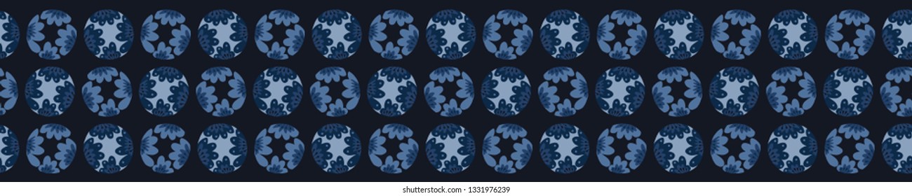 Indigo blue dye flower polka dot circle border pattern. Seamless repeating ribbon trim. Hand drawn vector illustration. Japanese style kimono edging ribbon trim. Trendy fashion asian fusion home decor