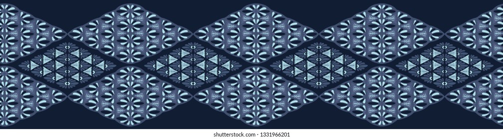 Indigo blue dye geometric daisy diamond damask border pattern. Seamless repeating. Hand drawn japanese style kimono vector illustration. Floral ornament decorative. Fashion, asian fusion home decor.