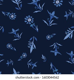 Indigo blue dyed floral vector seamless pattern. Hand drawn Japanese daisy flower style kimono fabric background. Trendy monochrome masculine decorative shirting all over print. Navy blu fashion.