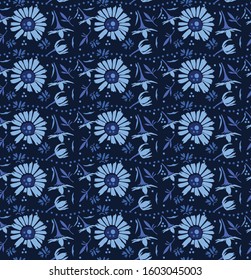 Indigo blue dyed floral vector seamless pattern. Hand drawn Japanese daisy flower style kimono fabric background. Trendy monochrome masculine decorative shirting all over print. Navy blu fashion.