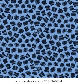 Indigo blue dyed seamless pattern. Hand drawn broken grunge square background. Monochrome textured brush stroke  all over print swatch