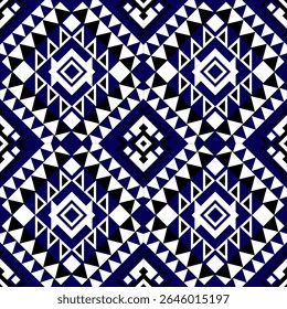 Padrão de azulejos étnicos azul índigo com motivos folclóricos detalhados dispostos em uma grade sem costura. Ideal para têxteis, envoltórios de presentes e projetos de marcas culturais.
