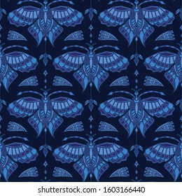 Indigo blue fbutterfly moth damask medallion vector seamless pattern. Hand drawn bandana motif textile background. Trendy masculine decorative shirting all over print. Stylized wing animal flourish.