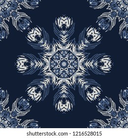 Indigo Blue Feather Mandala Seamless Vector Pattern. Hand Drawn Boho Style Illustration for Trendy Fashion Prints,  Kaleidoscope Packaging, Hipster Wallpaper Backdrop,  Ornate Kitchen Tile Home Decor
