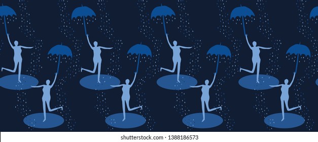 Indigo blue female figure holding open umbrella. Seamless vector border pattern. Singing in the rain. Woman leaps water puddle. Happiness, joy, wellness. 