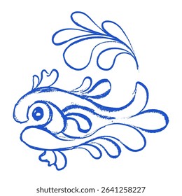Indigo Blue Fish Vector Sketch Classic Traditional Mediterranean Ornament Hand Drawn Toile for Portuguese Mosaic Drawing, Spanish or Mexican Talavera Ornamental Artwork Isolated Design