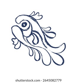 Indigo Blue Fish Vector Sketch Classic Traditional Mediterranean Ornament Hand Drawn Toile for Portuguese Mosaic Drawing, Spanish or Mexican Talavera Ornamental Artwork Isolated Design