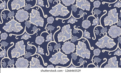 Indigo Blue Floral Pattern in Thai Vintage Style. Vector Design for Porcelain, Chinaware, Ceramic Tile, paper and fabric.