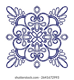 Indigo Blue Flourish Petal Vector Sketch Classic Traditional Mediterranean Ornament Hand Drawn Decorative Toile for Portuguese Mosaic Drawing, Spanish Mexican Talavera Artwork Isolated Design