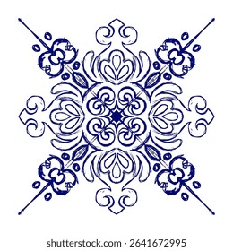 Indigo Blue Flourish Petal Vector Sketch Classic Traditional Mediterranean Ornament Hand Drawn Decorative Toile for Portuguese Mosaic Drawing, Spanish Mexican Talavera Artwork Isolated Design