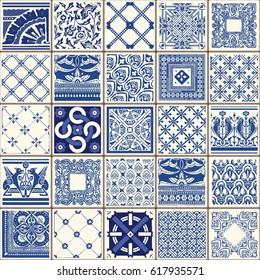 Indigo Blue Flower Azulejos Lisbon Set Paint Tile Floor Oriental Spain Collection Seamless Pattern Portugal Geometric Ceramic Design Tile Vintage Illustration background Vector arabesque Texture