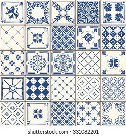 Indigo Blue Flower Azulejos Pattern Lisbon Set Paint Tile Floor Oriental Spain Collection Seamless Pattern Portugal Geometric Ceramic Design Tile Vintage Illustration background Vector Texture Pattern