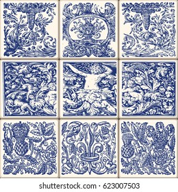 Indigo Blue Flower Azulejos Pattern Lisbon Set Paint Tile Floor Oriental Spain Collection Seamless Pattern Portugal Geometric Ceramic Design Tile Vintage Illustration background Vector Texture Pattern