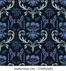 Indigo blue flower damask seamless pattern. Sketchy winter floral daisy vector background. Modern dark navy wallpaper graphic design. Hand drawn all over print. Masculine bloom decor textile 