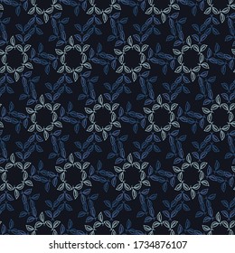 
Indigo blue flower damask seamless pattern. Sketchy winter floral daisy vector background. Modern dark navy wallpaper graphic design. Hand drawn all over print. Masculine bloom decor textile 