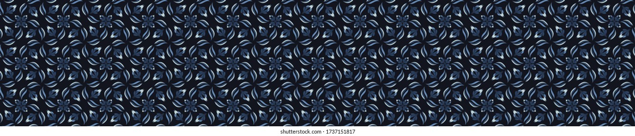 Patrón sin fisuras del damasco de flores azul índigo. Borde escénico vectorial de margarita floral de invierno. Diseño gráfico moderno de fondo de pantalla oscura de la marina. La mano dibujó por todas partes. Textil de decoración de floración masculina 